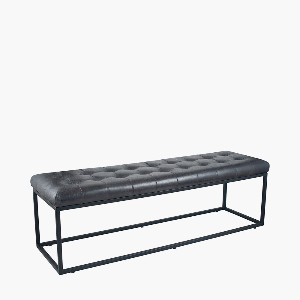 Arlo Ash Black Leather and Black MetalStitched Seat Bench