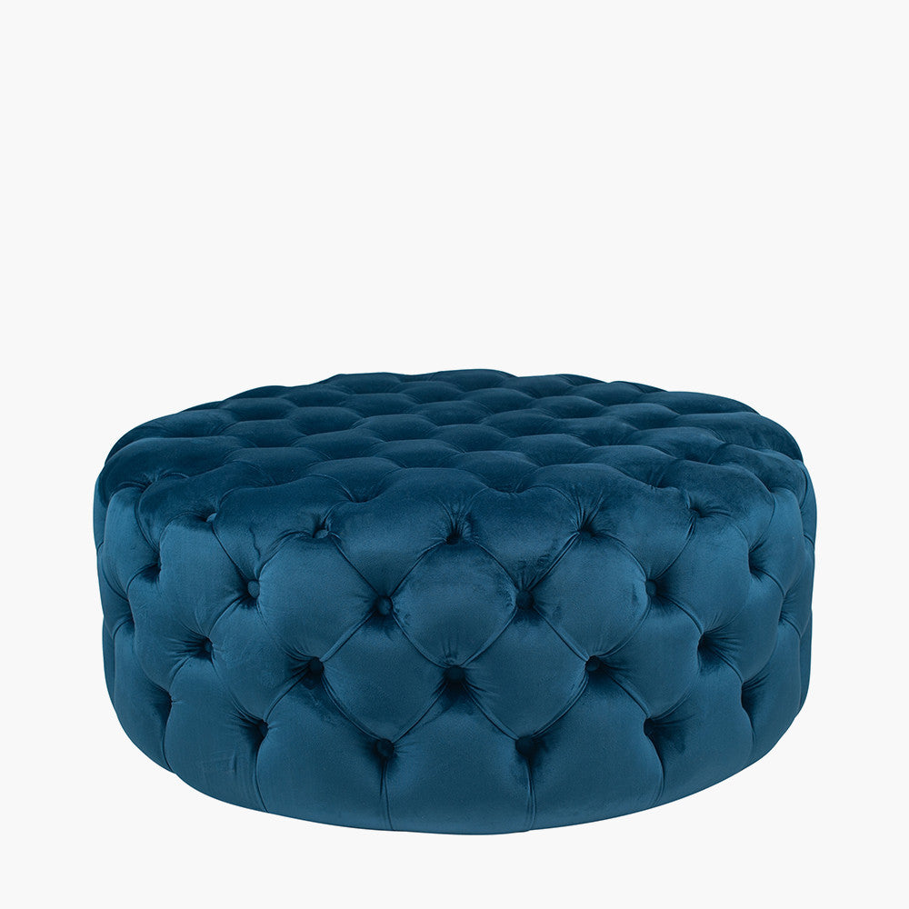 Vittoria Sapphire Blue Velvet Round Buttoned Pouffe