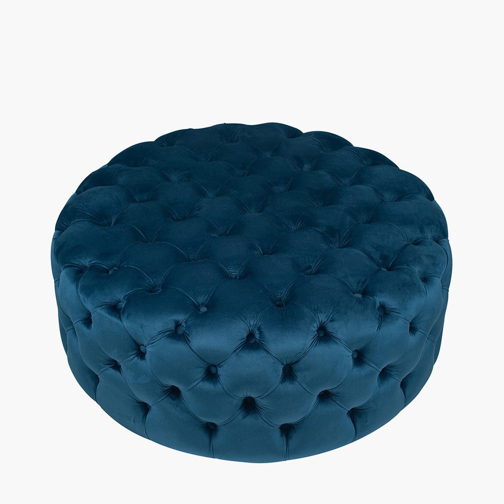 Vittoria Sapphire Blue Velvet Round Buttoned Pouffe