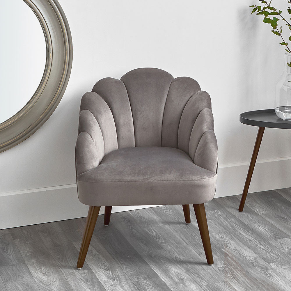 Borello Dove Grey Velvet Shell Chair w/ Walnut Effect Leg