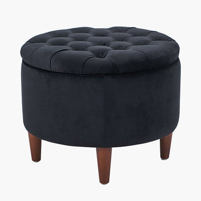 Alena Black Velvet and Dark Pine Wood Buttoned Storage Pouffe