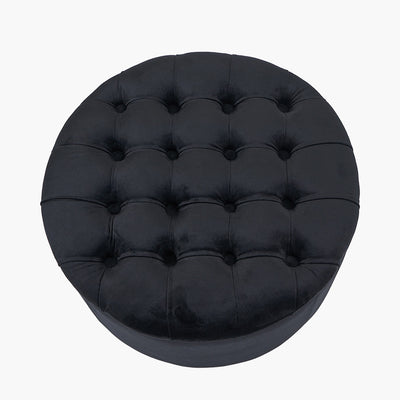 Alena Black Velvet and Dark Pine Wood Buttoned Storage Pouffe