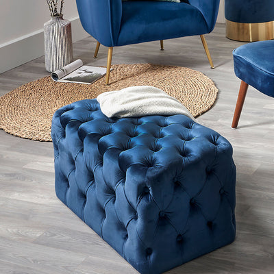 Seraphina Sapphire Blue Velvet Buttoned Rectangular Ottoman