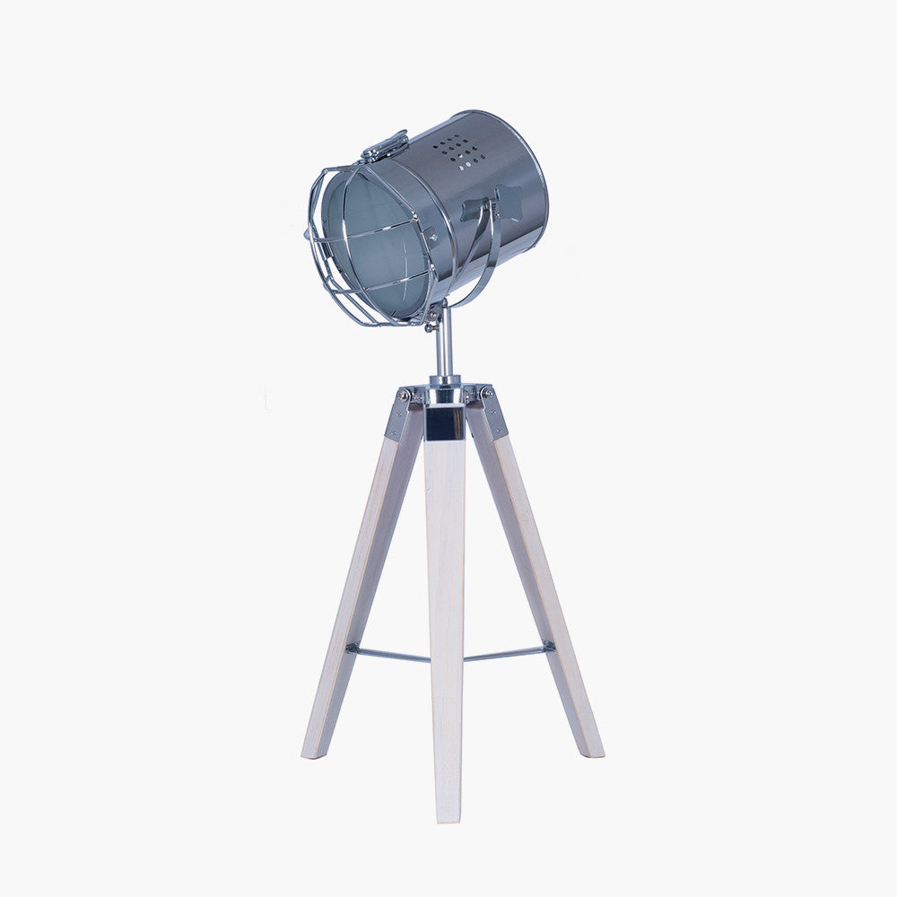 Capstan White Wash Wood and Silver Metal Tripod Table Lamp