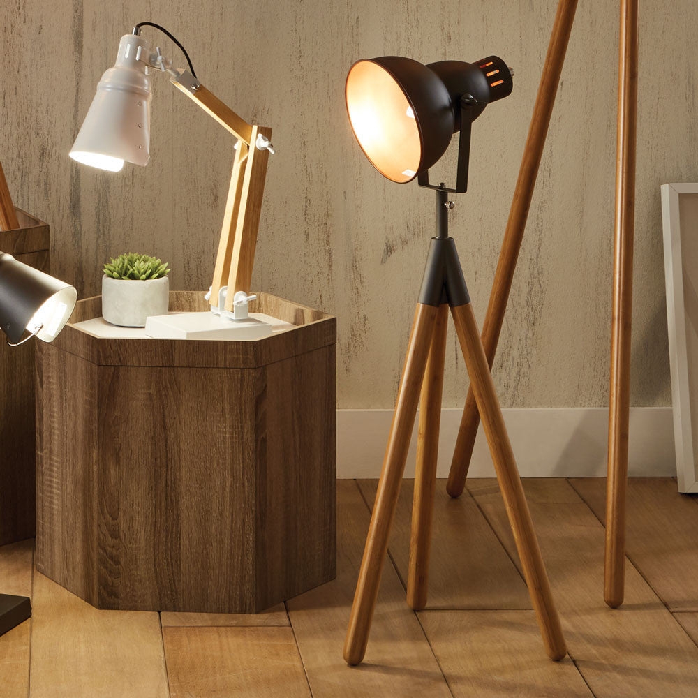 Larkin Grey Metal and Natural Wood Tripod Film Table Lamp