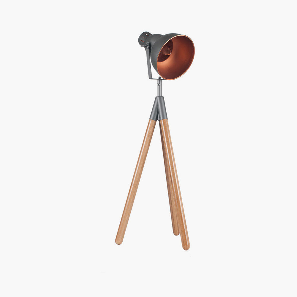 Larkin Grey Metal and Natural Wood Tripod Film Table Lamp