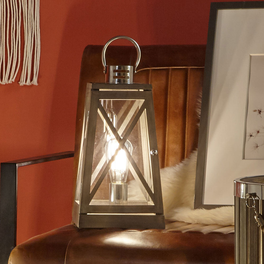 Devon Grey Wood and Chrome Lantern Table Lamp