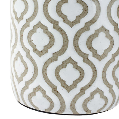 Celia Taupe and White Pattern Ceramic Table Lamp with Harry 30cm Ivory Poly Cotton Cylinder Drum Shade