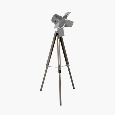 Hereford Grey Wood and Silver Metal Film Tripod Floor Lamp