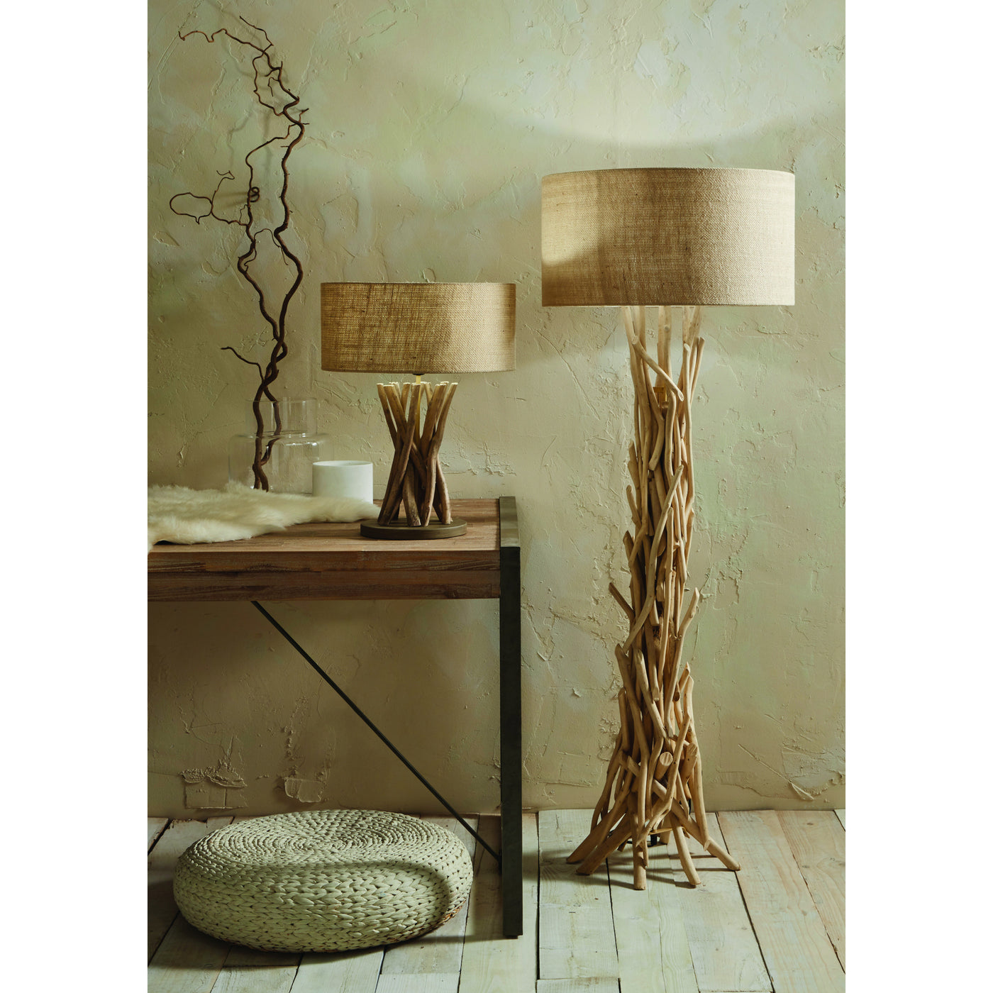 Derna Drift Wood Floor Lamp with Natural Jute Shade