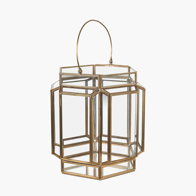 Shiny Brass Metal and Glass Hexagon Wide Lantern