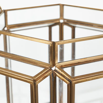 Shiny Brass Metal and Glass Hexagon Wide Lantern