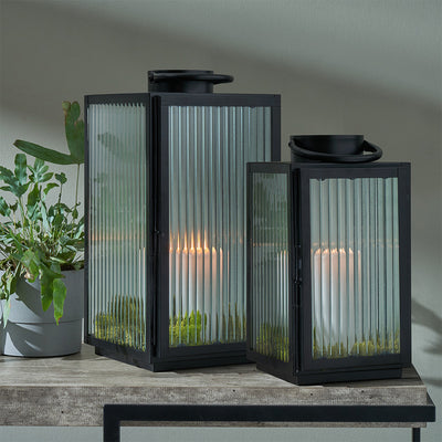 S/2 Black Metal and Ribbed Glass Lanterns