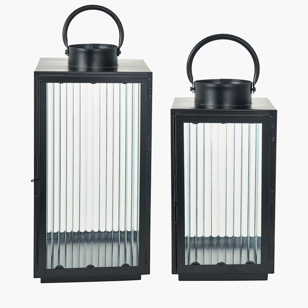 S/2 Black Metal and Ribbed Glass Lanterns