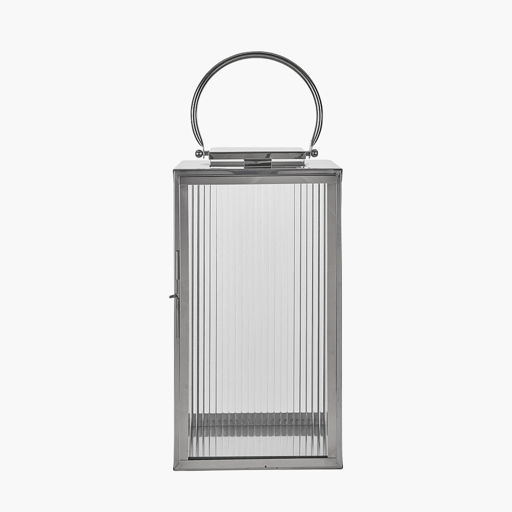 Silver Metal and Ribbed Glass Lantern Large