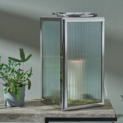 Silver Metal and Ribbed Glass Lantern Large