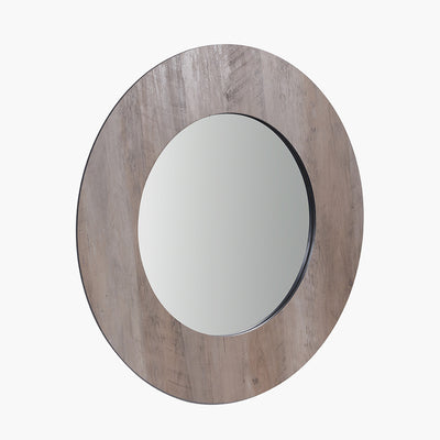 Brown Wood Veneer Round Wall Mirror