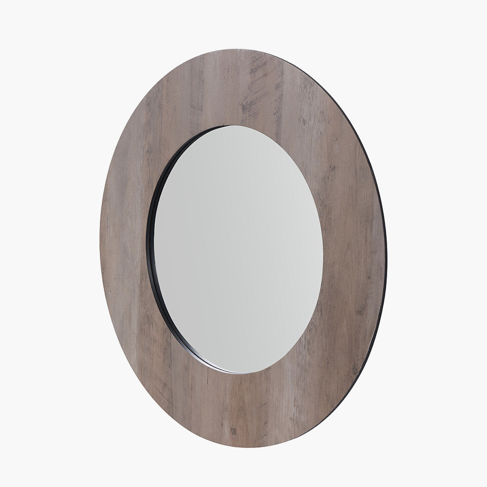 Brown Wood Veneer Round Wall Mirror