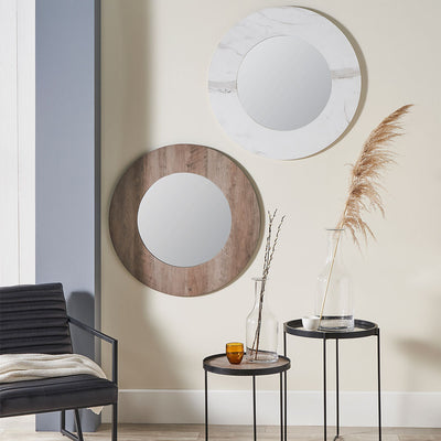 Brown Wood Veneer Round Wall Mirror