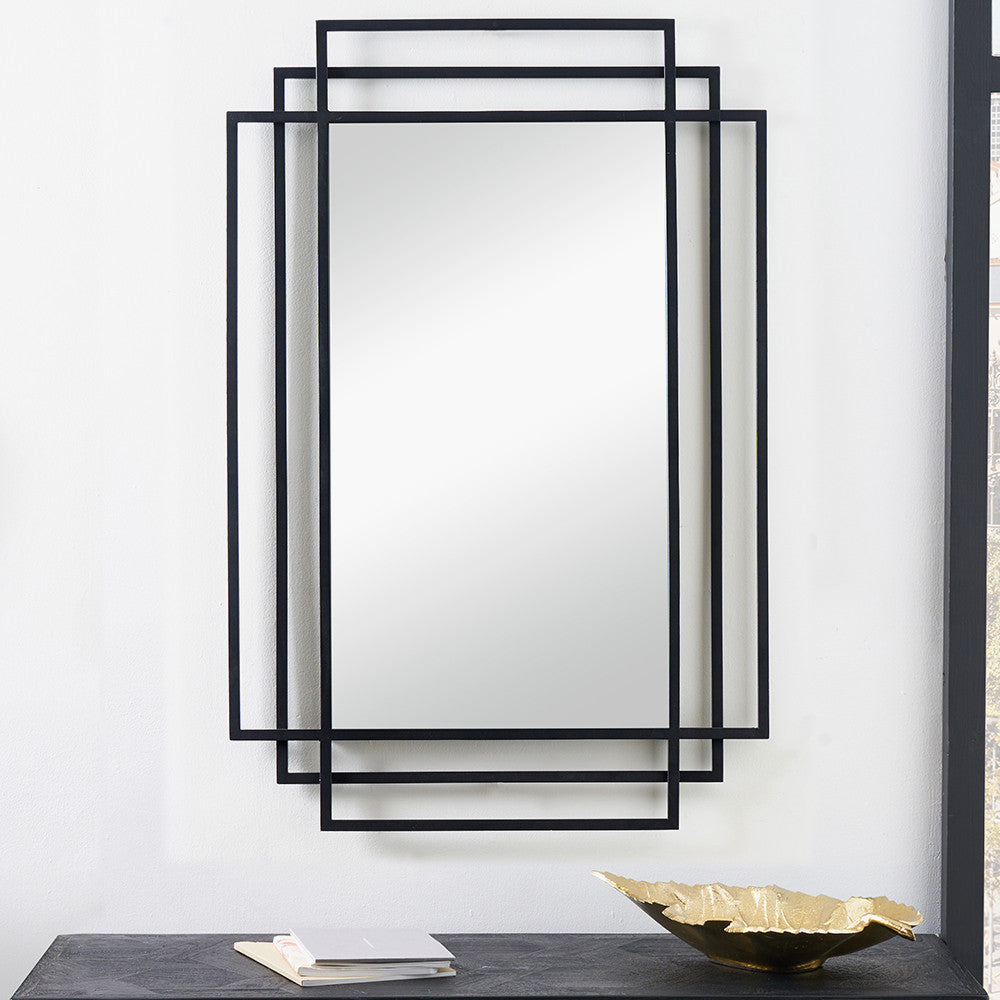 Black Metal Art Deco Rectangular Wall Mirror