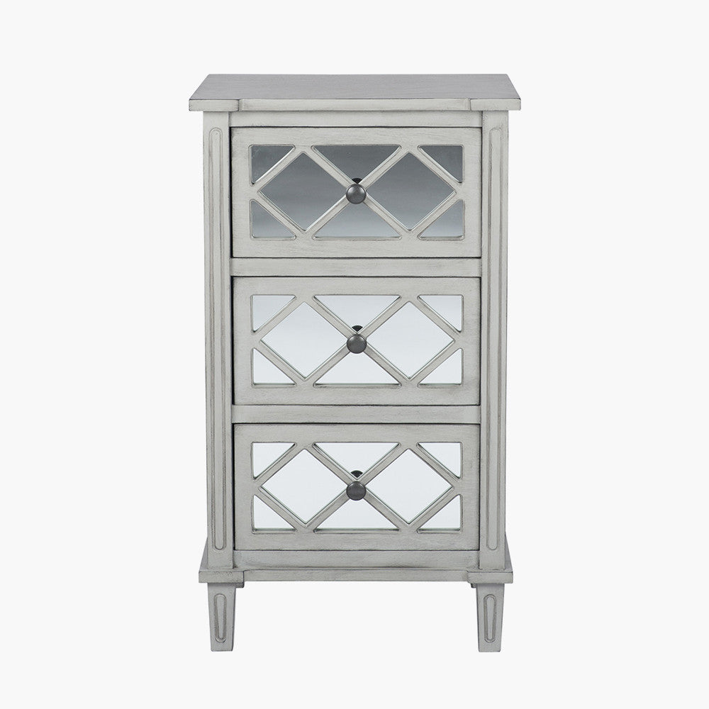 Puglia Dove Grey Pine Wood and Mirrored Glass 3 Drawer Unit