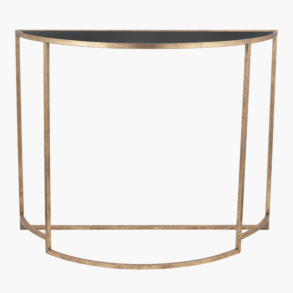 Veneziano Antique Gold Metal and Black Glass Half Moon Console Table