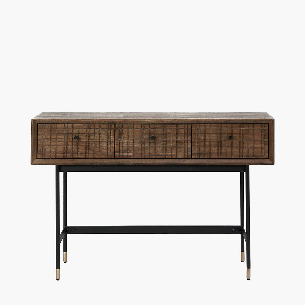 Arte Dark Brown Acacia Wood and Black Metal 3 Drawer Console Table