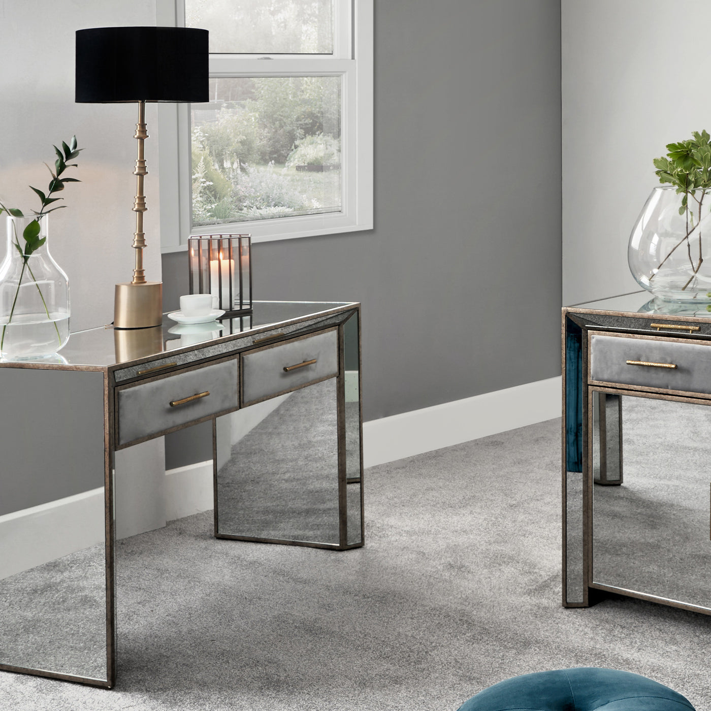 Brindisi Grey Velvet, Antique Metal and Mirror Console Table