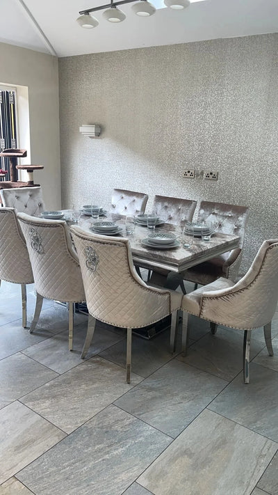 Arial Marble & Chrome Dining Table Set With Bentley Lion Knocker Velvet Chairs