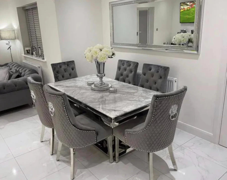 Arial Marble & Chrome Dining Table Set With Bentley Lion Knocker Velvet Chairs