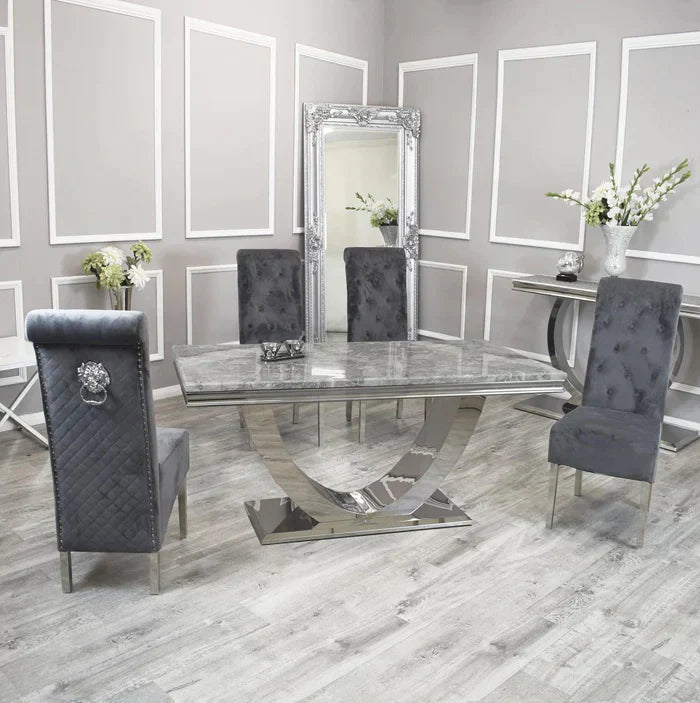 Arial Marble & Chrome Dining Table Set With Emma Slim Quilted Lion Knocker Velvet Chairs