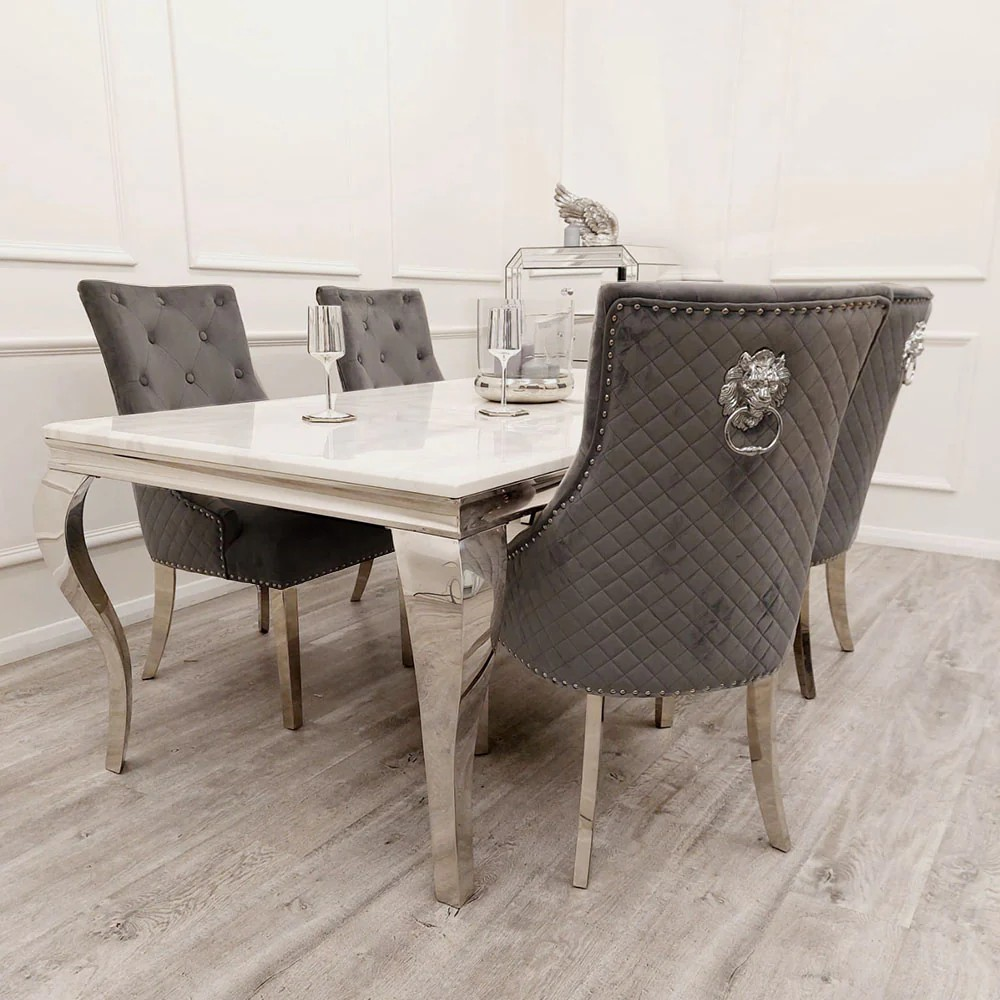 Louis Marble & Chrome Dining Table Set With Bentley Lion Knocker Velvet Chairs