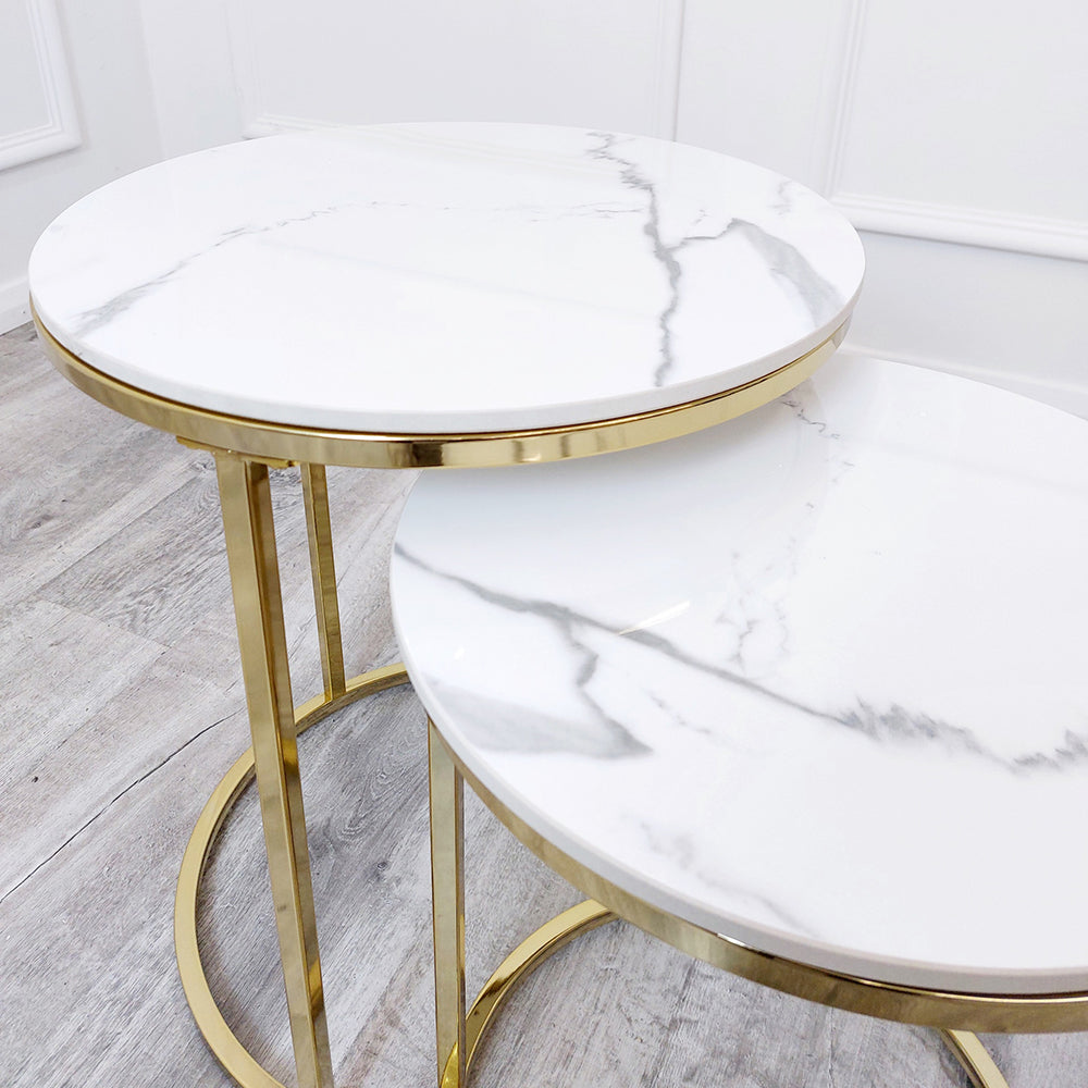 Cato Nest of 2 Tall Gold End Tables with Polar White Sintered Stone Tops