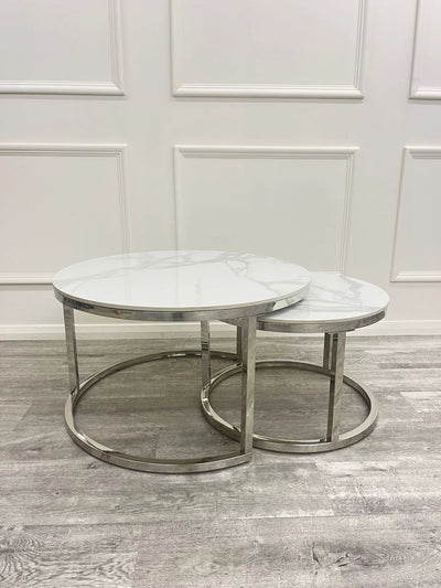 Cato-Nest-of-2-Short-Round-Coffee-Silver-Tables-with-Polar-White-Sintered-Stone-Tops-2