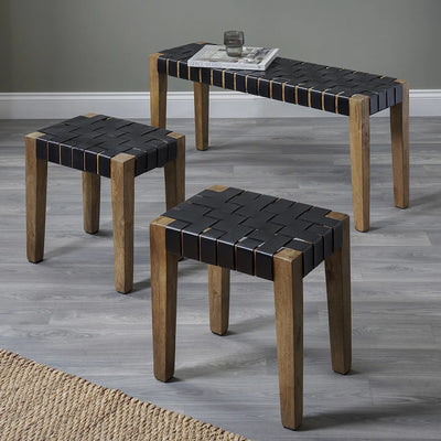 Claudio-Set-of-3-Black-Leather-and-Mango-Wood-Bench-and-Stools_1