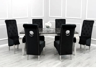 Louis Marble & Chrome Dining Table Set With Emma Slim Quilted Lion Knocker Velvet Chairs