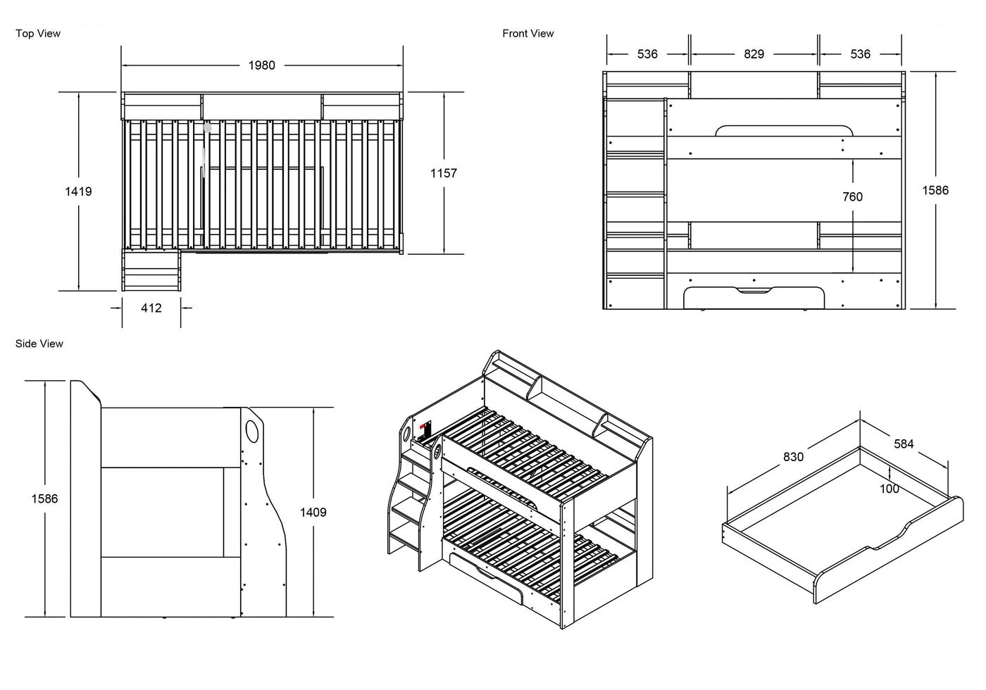 Flair-Flick-Bunk-Bed-Grey-with-Shelves-and-Drawer-Dimensions