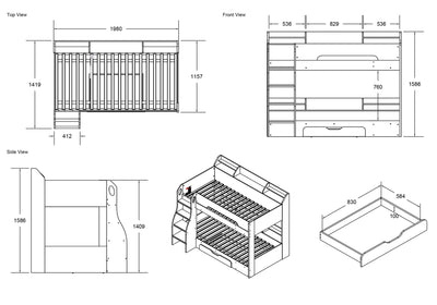 Flair-Flick-Bunk-Bed-Grey-with-Shelves-and-Drawer-Dimensions