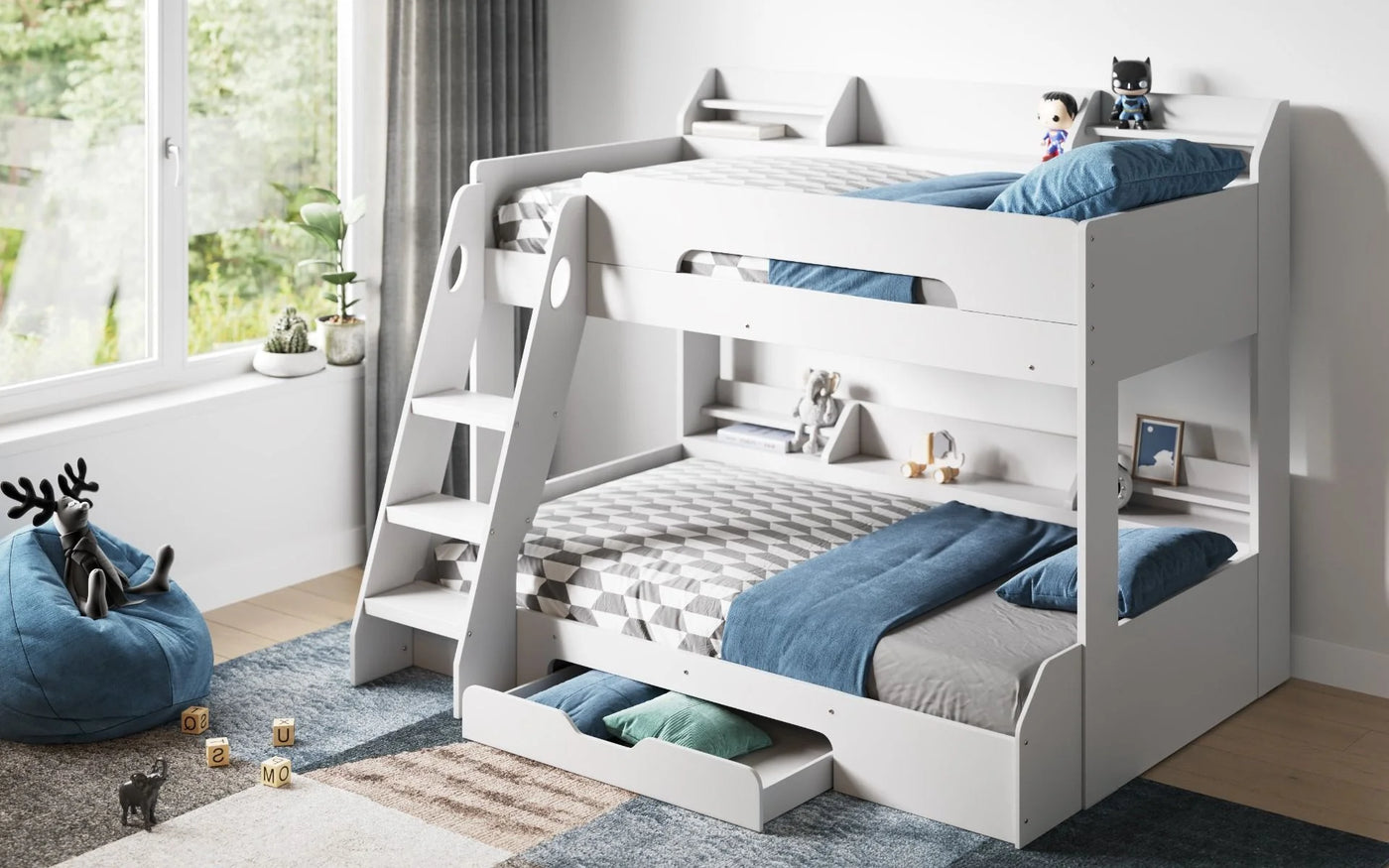 Flair-Flick-Triple-Bunk-Bed-White-with-Storage-Angled-View