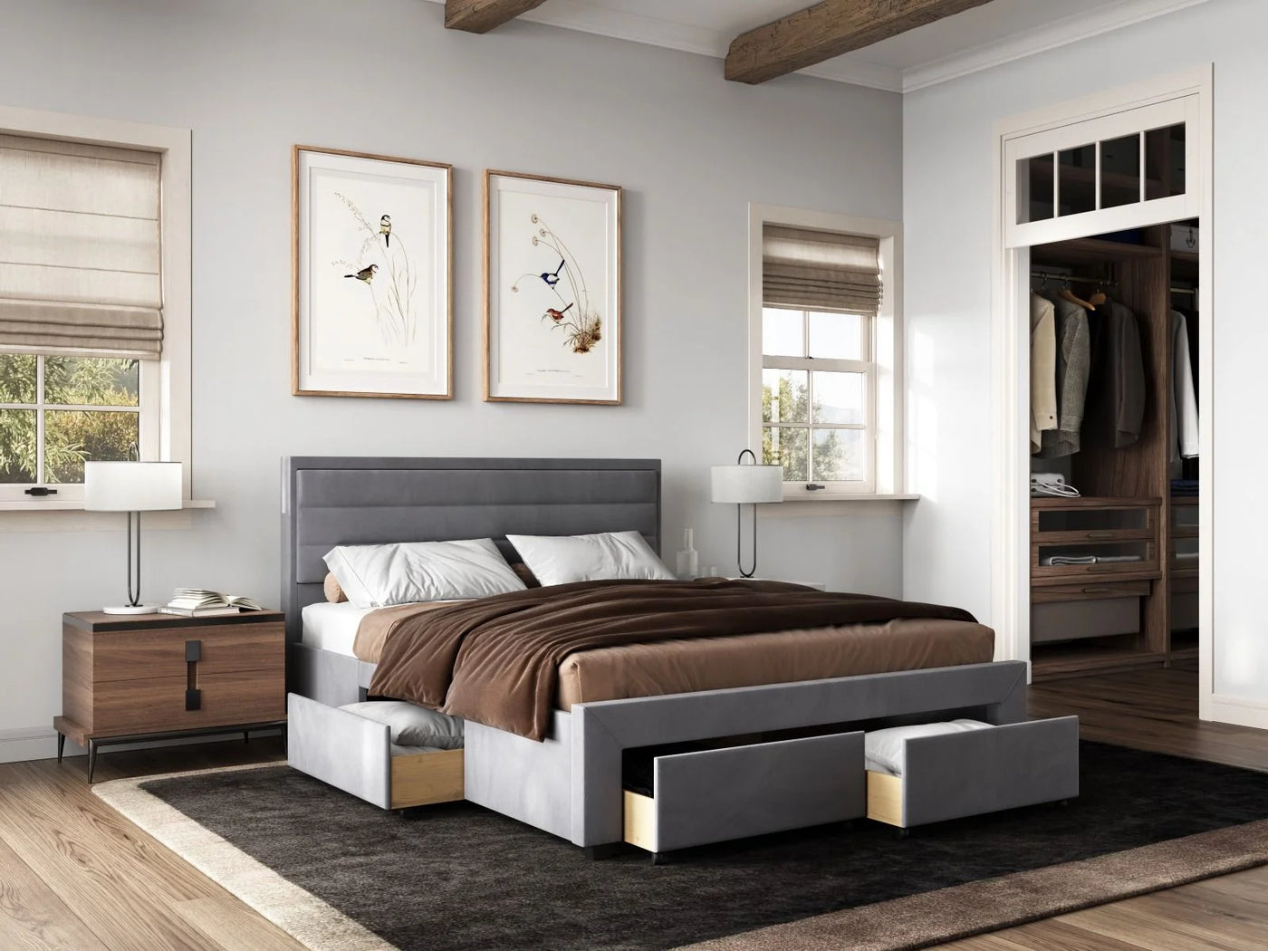 Flair-Heybrook-Four-Drawer-Fabric-Bed-Frame-Grey-Drawers-Open
