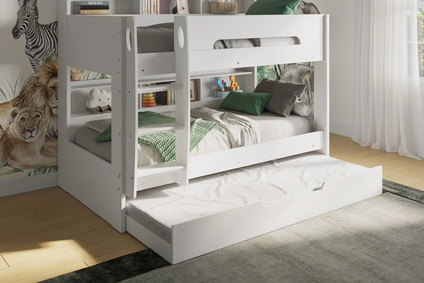 Flair-Interstellar-Bunk-Bed-White-with-Optional-Trundle-Drawer-Open