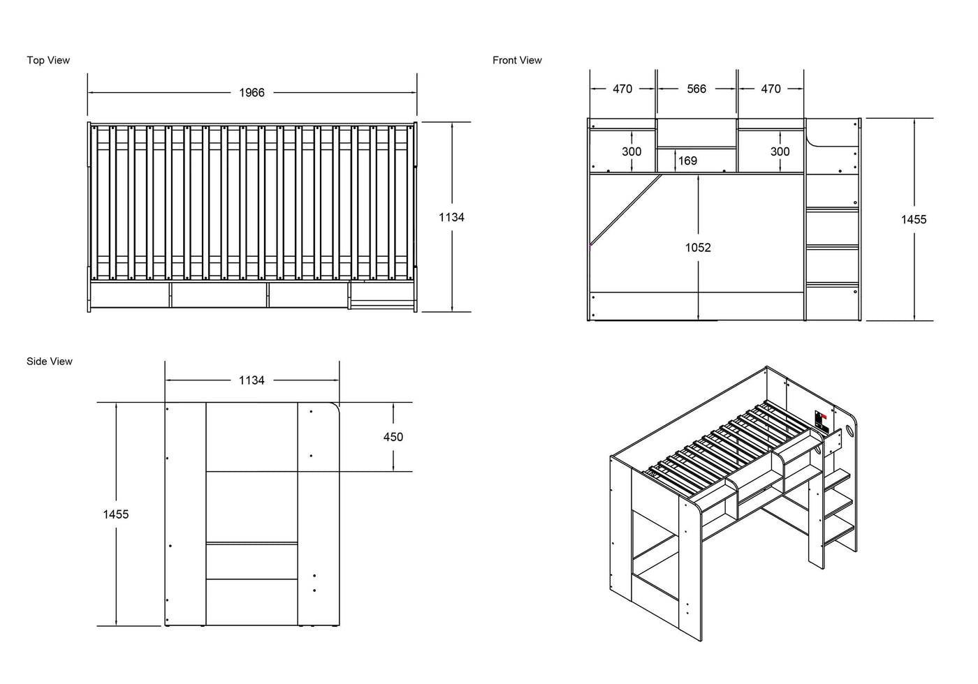 Flair-Wizard-L-Shaped-Triple-Bunk-Bed-in-White-Dimensions