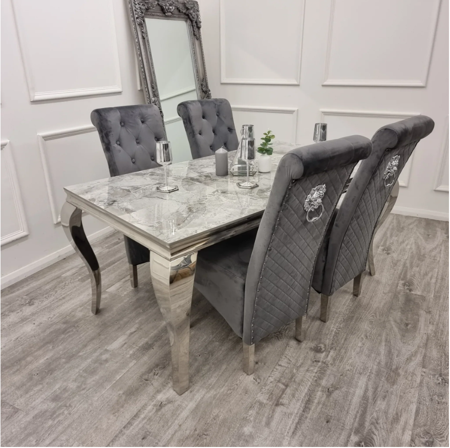 Louis Marble & Chrome Dining Table Set With Emma Slim Quilted Lion Knocker Velvet Chairs