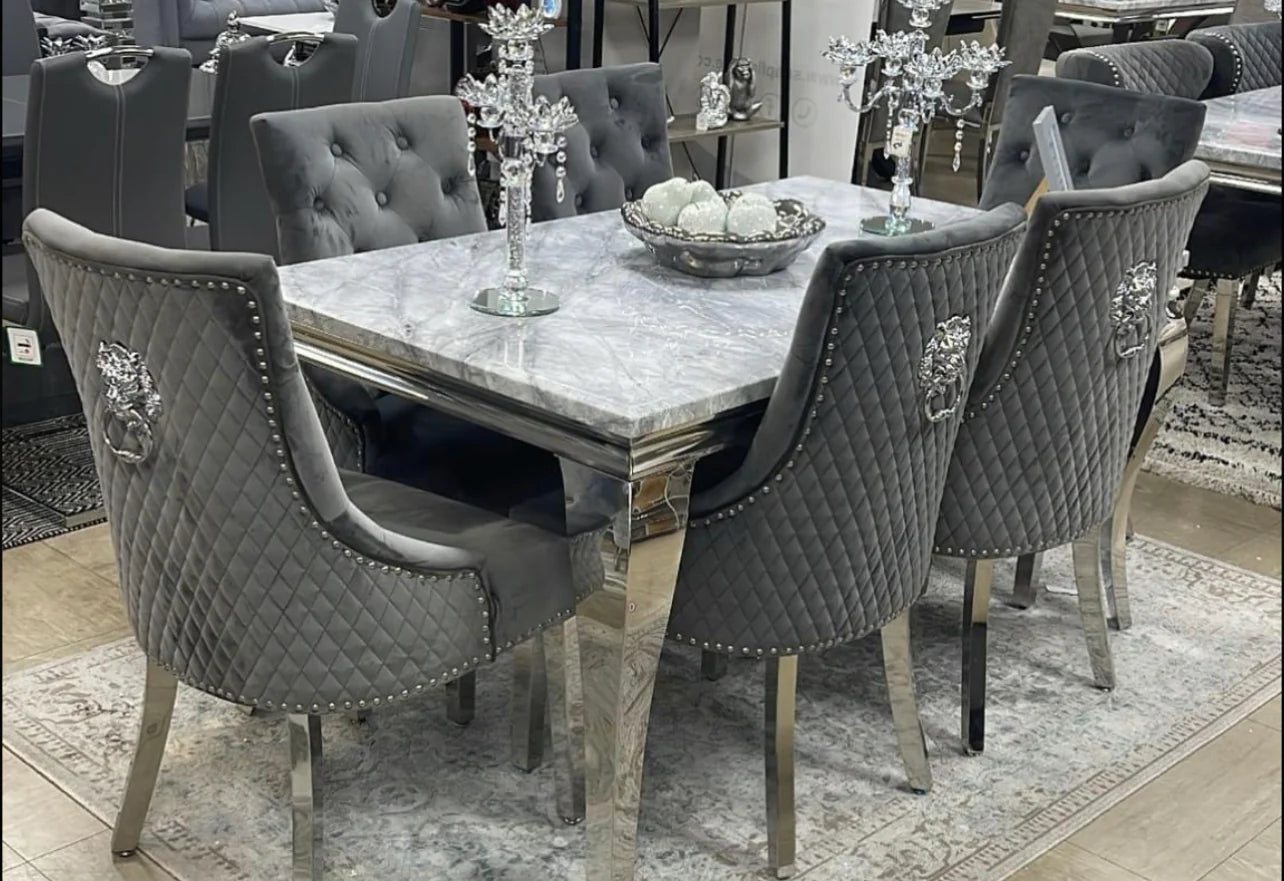 Louis Marble & Chrome Dining Table Set With Bentley Lion Knocker Velvet Chairs