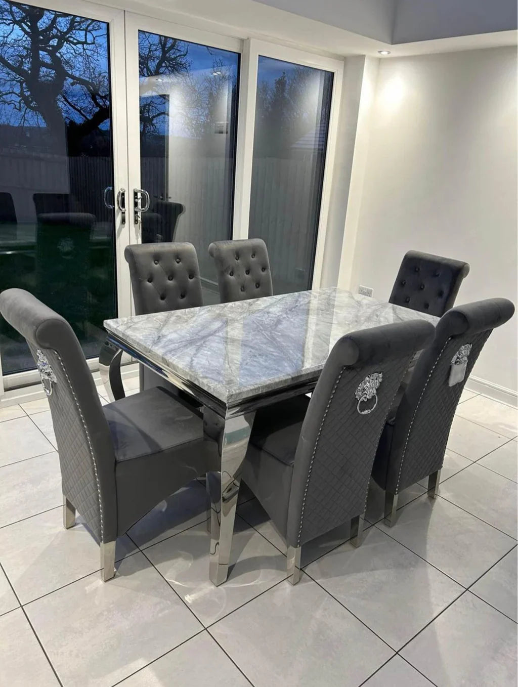 Louis Marble & Chrome Dining Table Set With Emma Slim Quilted Lion Knocker Velvet Chairs