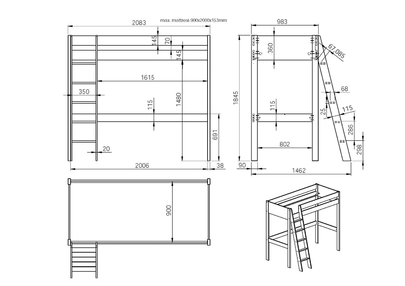 Noomi Tera Solid Wood Highsleeper Frame